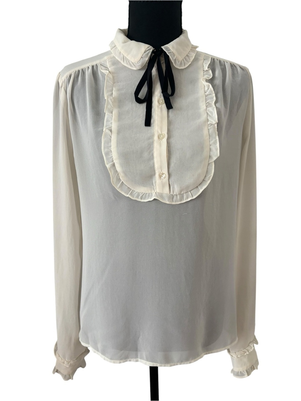 Topshop Ivory Ruffle Bib Blouse with Black Neck Tie